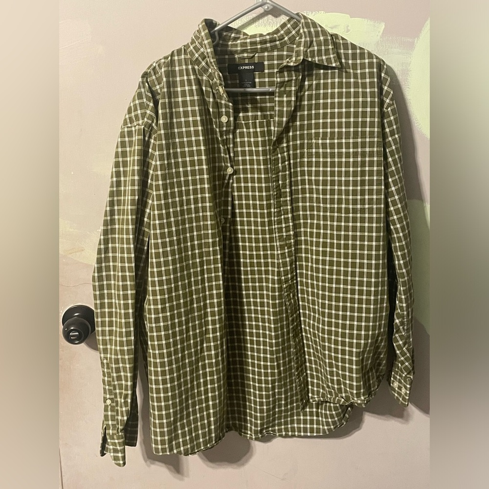 Men’s Express Green Plaid Button Up Shirt